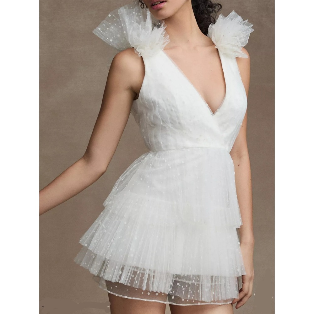 ML Monique Lhuillier Perrie Tiered Shoulder-Ruffle V-Neck Mini Dress Swiss Dot